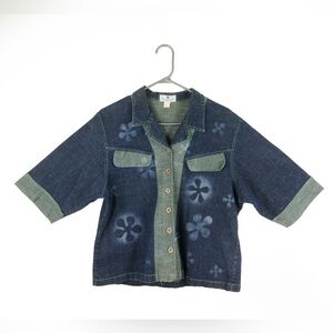 Vintage 90s Denim Jean Airbrush Floral Button Up Short Sleeve Top Jacket